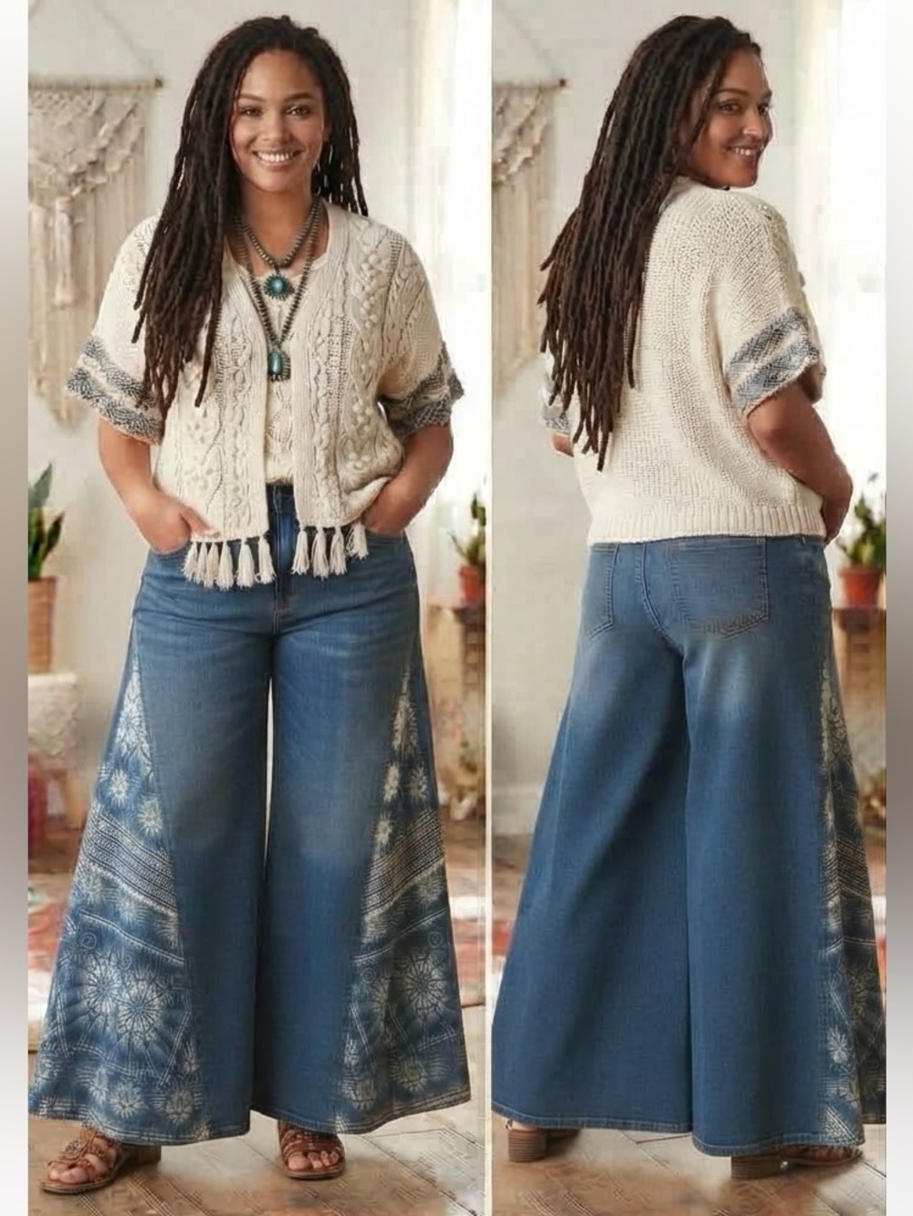 SHEIN Multi Media Wide Leg Paisley like Jeans in Blue & White